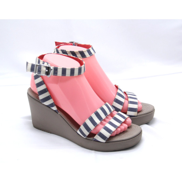 Crocs Leigh Sandals Womens Size 8 Navy White Stripe Wedge Platform Ankle Strap - Picture 1 of 7